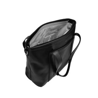 Black leather bag with a visible brand logo on a white background