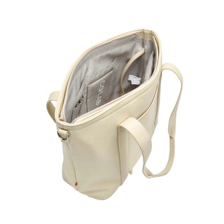 Beige handbag with a visible brand label on a white background