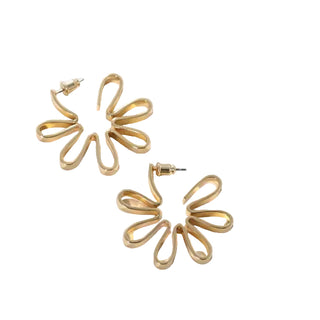 Gold floral earrings on a white background