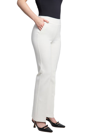 White wide-leg pants worn by a person on a light gray background