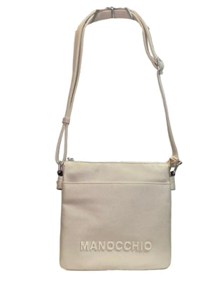 Silver handbag with 'Manocchio' branding on a light gray background