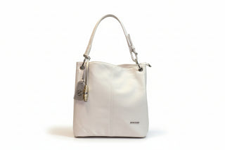 White handbag with a visible brand logo on a white background