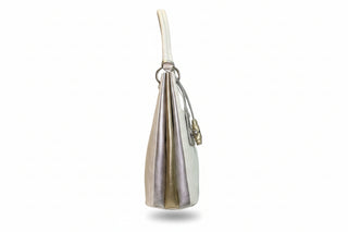 Silver handbag with a strap on a white background
