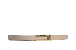Beige belt with a gold buckle on a light gray background