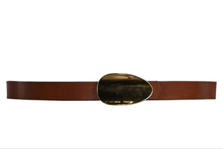 Brown belt with a gold buckle on a light gray background