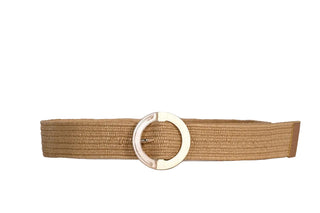 Brown belt with a gold buckle on a light gray background