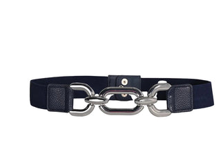 Navy belt with silver chain detail on a light gray background