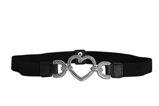 Black belt with a silver heart-shaped buckle on a light gray background