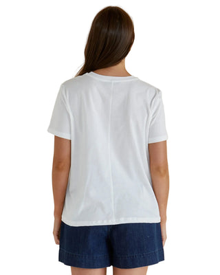 Person wearing a white t-shirt and blue shorts on a beige background