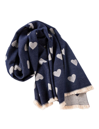 Navy blue scarf with heart patterns on a white surface