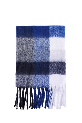 Plaid scarf with blue, gray, and white colors on a white background