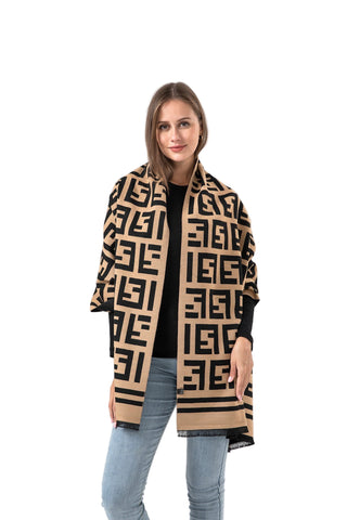 Woman wearing a patterned scarf on a white background