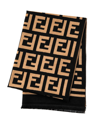 Black and beige patterned scarf with a brand logo on a white background