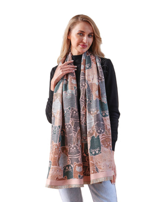 Woman wearing a patterned scarf with a neutral background