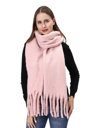 Woman wearing a pink scarf on a light gray background