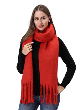 Woman wearing a red scarf on a white background
