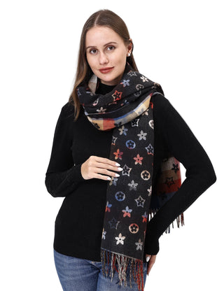 Woman wearing a colorful patterned scarf on a white background