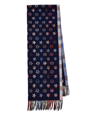 Navy blue scarf with star pattern and multicolored fringe on a white background