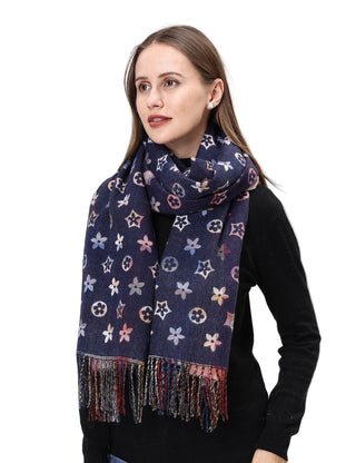 Woman wearing a navy blue floral patterned scarf on a white background