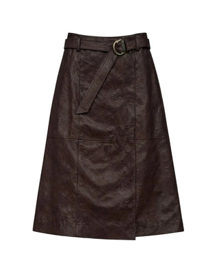 A dark brown faux-leather A-line skirt with a matching waist belt and a gold-tone metal ring buckle, shown against a plain white background.