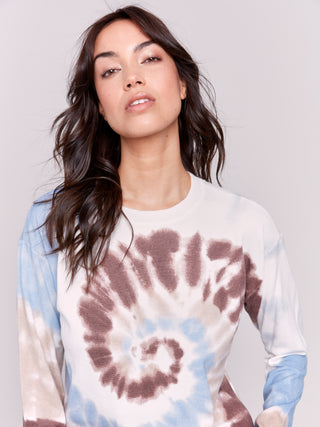 Printed Frayed Edge Round Hem Sweater