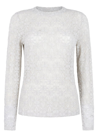 A long-sleeve crewneck sweater in a textured, off-white lace fabric, shown on a plain white background.