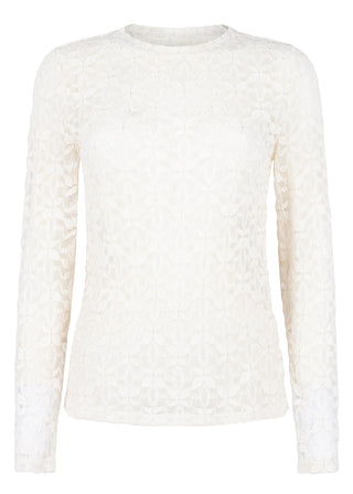 An off-white long-sleeve crewneck top featuring an intricate floral lace pattern, shown against a plain white background.