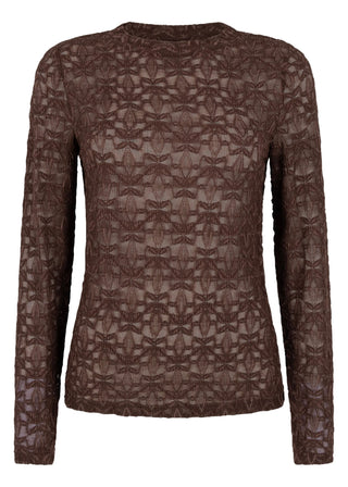 A long-sleeve crewneck top in a dark brown color, featuring an intricate textured geometric lace pattern.