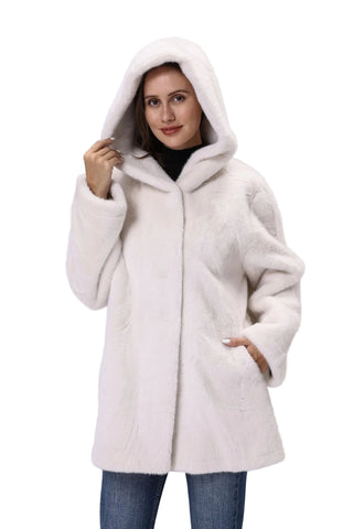 Woman wearing a white hooded coat on a gray background