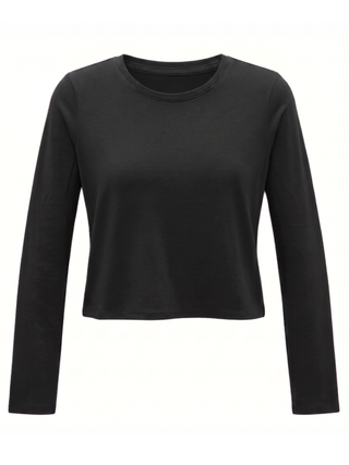 A black long-sleeve crewneck crop top shown on a plain white background.