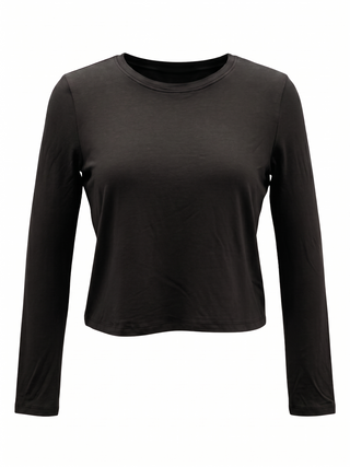 A black long-sleeve crewneck crop top displayed on a ghost mannequin against a plain white background.
