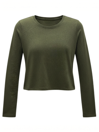 An olive green long-sleeve crop top with a crew neck, displayed on a clean white background.