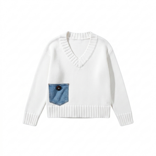 A white ribbed knit sweater with a V-neck, long sleeves, and a front pocket made from blue denim with a small dark button.