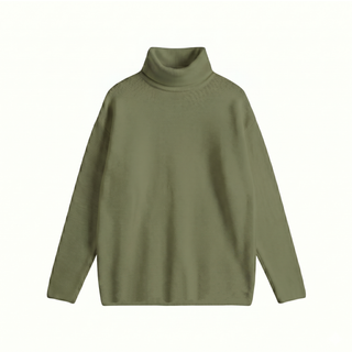 An olive green ribbed turtleneck sweater with long sleeves, presented flat against a solid white background.