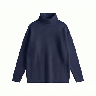 A dark navy blue long-sleeve turtleneck sweater displayed flat against a solid white background.