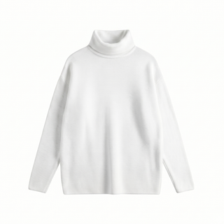 A white long-sleeve turtleneck sweater displayed flat against a solid white background.