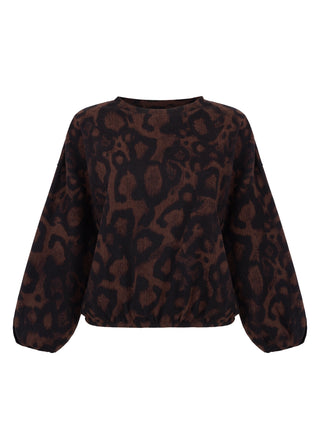 A dark brown and black leopard print long-sleeve top with a crew neck, displayed against a solid white background.