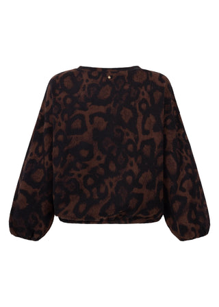 A cropped long-sleeve knit top with a dark brown and black leopard print pattern, displayed against a solid white background.