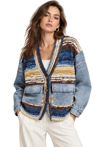 A cardigan sweater featuring a striped pattern of blue, brown, and beige yarn mixed with light blue denim panels on the sleeves and lower front pockets, hanging on a clear plastic hanger in a retail store.