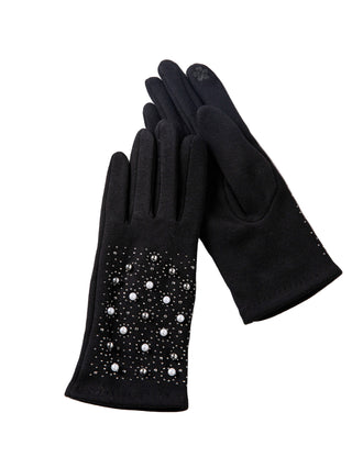 Black gloves with pearl embellishments on a white surface