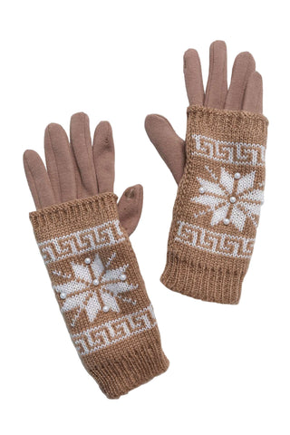 Pair of brown gloves with snowflake pattern on a white textured surface