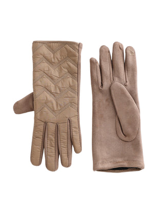 Pair of beige gloves with quilted design on a white background