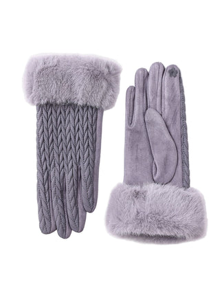 Gray gloves with fur trim on a white background