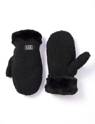 Pair of black fleece gloves with a visible brand logo on a white background