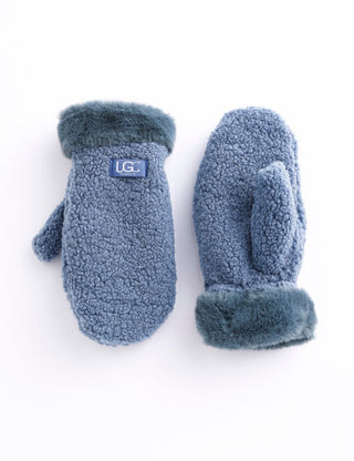 Pair of blue UGG mittens on a white background