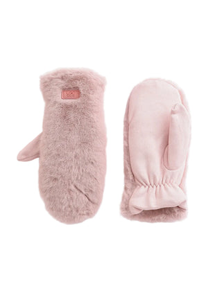 Pair of beige mittens with fluffy texture on a white background