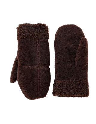 Pair of brown mittens with fuzzy trim on a white background