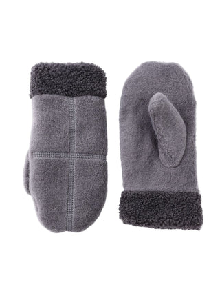Pair of gray fleece mittens on a white background