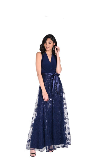 Frank Lyman Long Navy sequin floral  gown - 242149