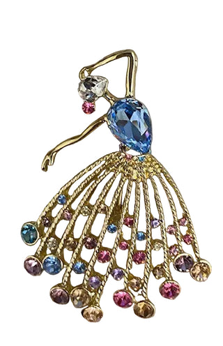 Elegant earring with gold frame, multicolored gemstones, and dangling elements on a neutral background.